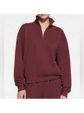 SKIMS Half-Zip Pullover Fleece In Oxford Blood Burgundy Red Size Small EUC